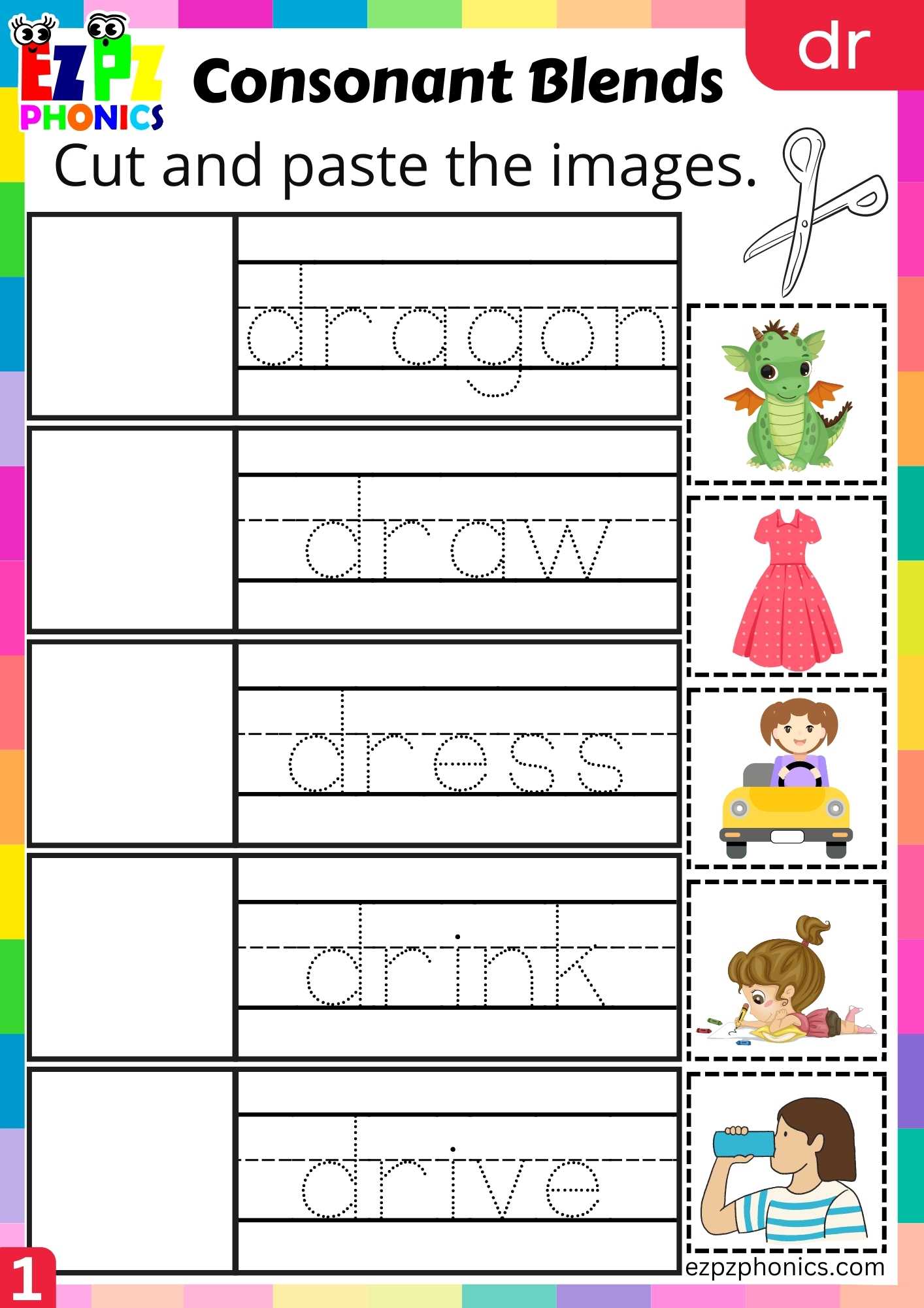 Group1 DR Words Cut And Paste The Images Phonics Consonant Blends Worksheet